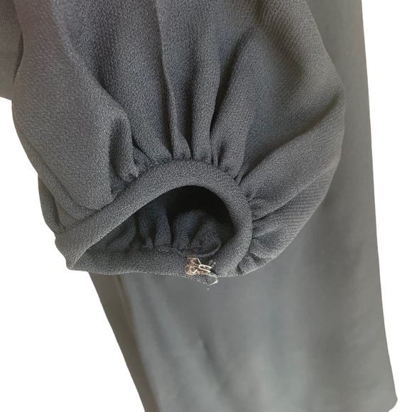 Vintage 60s Black Crepe Dress Cold Shoulder Bishop Sleeve Rhinestone Buttons - Picture 12 of 16